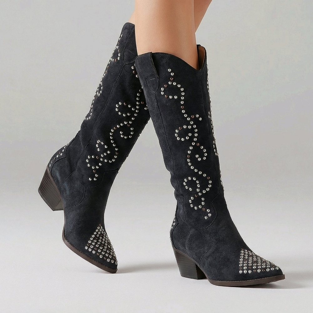 Studded Black Suede Knee-High Heeled Boots